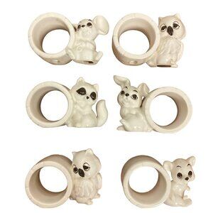 Schmid Bros Animal Napkin Rings Set Of 6 White Ceramic Raccoon Owl Mouse in Box